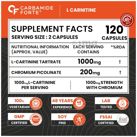 Carbamide Forte L-Carnitine L-Tartrate 1000mg | For Recovery, Stamina, Fat  Burn & Energy | Capsule: Buy bottle of 120.0 capsules at best price in  India