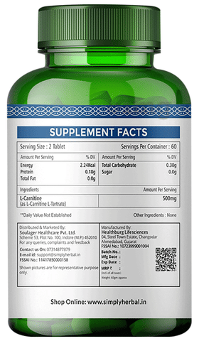 Simply Herbal L-Carnitine 500mg | Amino Acid for Endurance, Weight  Management & Muscle Function | Tablet: Buy bottle of 120.0 tablets at best  price in India | 1mg