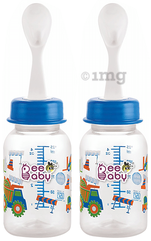 BeeBaby 2 in 1 Gentle Slim Neck Baby Feeding Bottle with Anti Colic Gentle Touch Silicone Nipple and Feeder Spoon4 Months 125ml Each Blue
