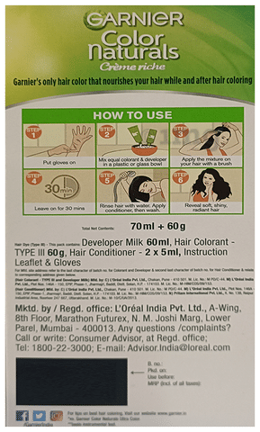 Garnier Color Naturals Creme Rich Hair Color Natural Black: Buy box of 70  ml Cream at best price in India | 1mg