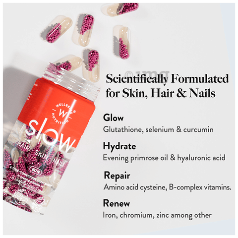 Wellbeing Nutrition Slow Skin, Hair & Nails Men & Women Glutathione, Hyaluronic acid, Biotin Capsule: Buy bottle of 60.0 capsules at best price in India | 1mg Wellbeing Nutrition Slow Skin, Hair & Nails Men & Women Glutathione, Hyaluronic acid, Biotin Capsule: Buy bottle of 60.0 capsules at best price in India | 1mg