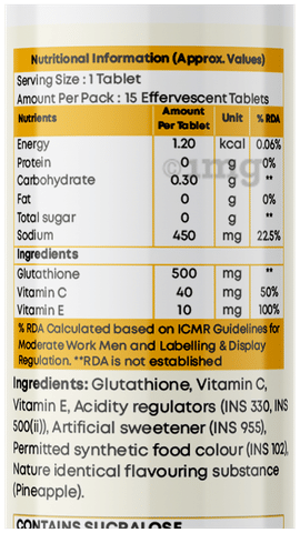 rda of glutathione Puriteo Effervescent Tablet Pineapple Glutathione Tablet 500 Mg, For