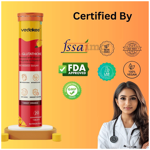 Vedakee L-Glutathione Effervescent Tablet (20 Each) Tangy Orange No Added Sugar: Buy combo pack of 5.0 bottles at best price in India | 1mg Vedakee L-Glutathione Effervescent Tablet (20 Each) Tangy Orange No Added Sugar: Buy combo pack of 5.0 bottles at best price in India | 1mg