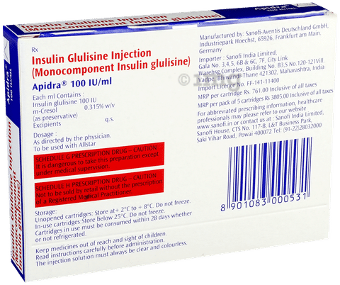 Apidra 100IU Cartridge (3ml Each)