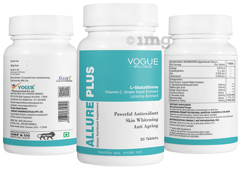 Vogue Wellness Allure Plus Glutathione Tablets Helps Glowing Skin Radiant  Skin Clear Skin Supplement