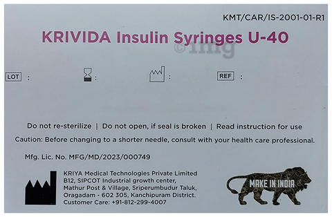 Krivida U-40 Sterile Single Use Insulin Syringe: Buy box of 100.0 syringes at best price in India | 1mg Krivida U-40 Sterile Single Use Insulin Syringe: Buy box of 100.0 syringes at best price in India | 1mg
