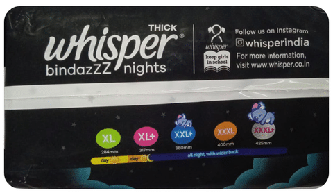 Whisper Bindazzz Nights Pads XXL+ (2): Uses, Price, Dosage, Side Effects,  Substitute, Buy Online