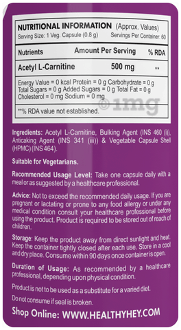 Healthy Hey Acetyl L-Carnitine (ALCAR) Vegetable Capsule: Buy bottle of  60.0 vegicaps at best price in India | 1mg