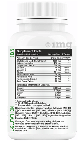 HXN L-Glutathione | With Biotin & Hyaluronic Acid for Skin Health | Sugar  Free Tablet: Buy bottle of 60.0 tablets at best price in India