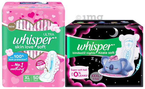 Combo Pack of Whisper Ultra Soft Sanitary Pads XL (50 Each) & Whisper  Bindazzz Nights Koala Soft Pads XXXL+ (8 Each): Buy combo pack of 2.0 Packs  at best price in India