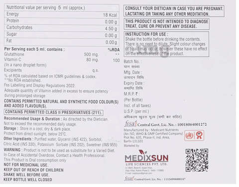 Glurich Glutathione with Vitamin C Oral Solution (5ml Each): Buy box of 10.0 bottles at best price in India | 1mg Glurich Glutathione with Vitamin C Oral Solution (5ml Each): Buy box of 10.0 bottles at best price in India | 1mg