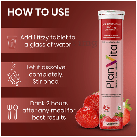 Planvita L-Glutathione 500mg with Vitamin C Effervescent Tablet (15 Each)  Sugar Free Strawberry: Buy box of 1.0 Bottle at best price in India | 1mg