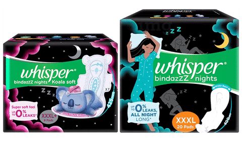 Combo Pack of Whisper Bindazzz Nights Pads XXXL (20 Each) & Whisper Bindazzz  Nights Koala Soft Pads XXXL+ (8 Each): Buy combo pack of 2.0 Packs at best  price in India