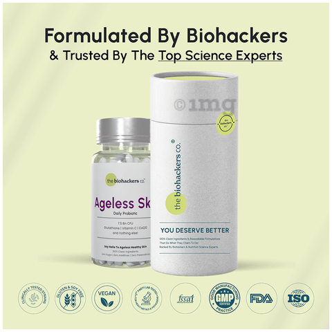 The biohackers Co. Ageless Skin Daily Probiotic CoQ10, Glutathione, 7Bn CFU Capsule: Buy bottle of 60.0 capsules at best price in India | 1mg The biohackers Co. Ageless Skin Daily Probiotic CoQ10, Glutathione, 7Bn CFU Capsule: Buy bottle of 60.0 capsules at best price in India | 1mg