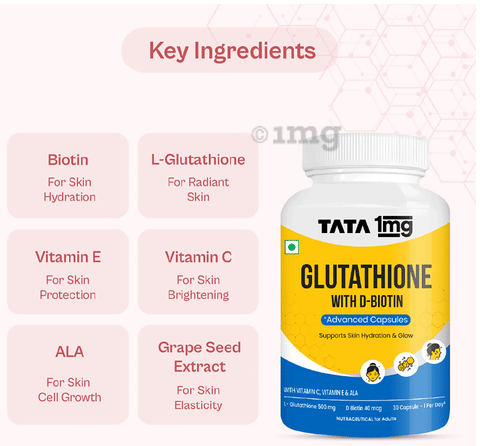 Glutathione Reduced Advanced Capsules with Vitamin C, ALA ,Biotin, and Grape Seed Extract | By Tata 1mg: Buy bottle of 30.0 capsules at best price in India