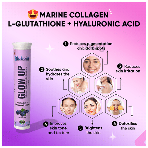 Blubein Glow Up Collagen + Glutathione + Hyaluronic Acid Vitamin C  Effervescent Tablets (15 Each) Blueberry