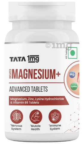 Tata 1mg Chelated Magnesium Plus Tablet with Zinc, Lysine Hydrochloride &  Vitamin B6, Supports Heart Health & Neuromuscular System: Buy bottle of  60.0 tablets at best price in India