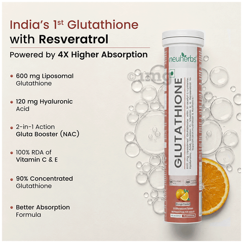 Neuherbs Glutathione Effervescent Tablet with Vitamin C & Hyaluronic Acid for Skin Glow & Hydration | Flavour Orange: Buy bottle of 15.0 Effervescent Tablet at best price in India