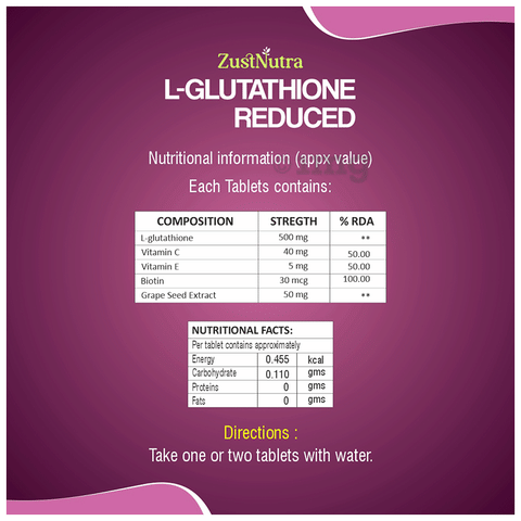Zustnutra L-Glutathione Reduced Tablet: Buy bottle of 60.0 tablets at best price in India | 1mg Zustnutra L-Glutathione Reduced Tablet: Buy bottle of 60.0 tablets at best price in India | 1mg