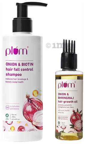 Plum Combo Pack of Onion & Biotin Hair Fall Control Shampoo 200ml & Onion &  Bhringraj Hair Growth Oil 100ml: Buy combo pack of 2 bottles at best price  in India | 1mg
