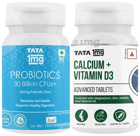 Combo Pack of Tata 1mg Calcium + Vitamin D3 Advanced Tablets & Probiotics  30 Billion CFUs+ Capsule (60 Each): Buy combo pack of 2.0 bottles at best  price in India | 1mg