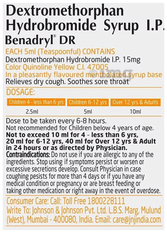 Benadryl DR Kids Syrup Mixed Fruit Flavour Alcohol Free