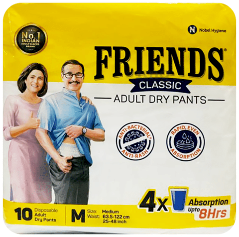Friends Premium Adult Diapers Pant Style - 10 Count -M- with odour lock and  Anti-Bacterial Absorbent Core- Waist Size 25-48 Inch ; 63.5-122cm :  Amazon.in: Health & Personal Care