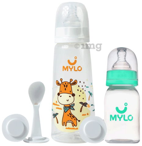 Mylo 2 In 1 BPA Free with Anti Colic Nipple Spoon Baby Feeding Bottle 125ml 250 ml Lion Zesty Orange