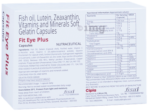 Fit Eye Plus Soft Gelatin Capsule with Fish Oil, Lutein, Zeaxanthin,  Vitamins & Minerals: Buy strip of 10.0 soft gelatin capsules at best price  in India