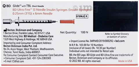 BD Insulin Syringes with BD Ultra-Fine Needle 100U 31G 6MM | Diabetes  Monitoring Devices: Buy packet of 10.0 syringes at   in  India | 1mg