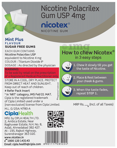 Nicotex Nicotine Sugar Free 4mg Chewing Gums Mint Plus