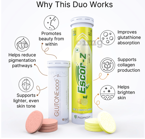 Glutone Glutone 1000 (15)& Escor-Z Lime & lemon Flavour(20): Buy combo pack  of 4.0 Effervescent Tablet at best price in India | 1mg