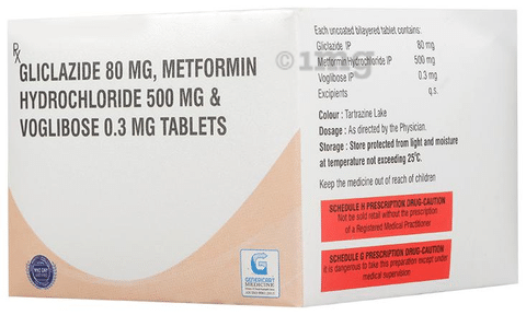 Genericart Voglibose+Metformin Hydrochloride+Gliclazide 0.3mg + 500mg + 80mg Tablet