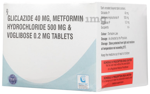 Genericart Voglibose+Metformin Hydrochloride+Gliclazide 0.2mg/500mg/40mg Tablet