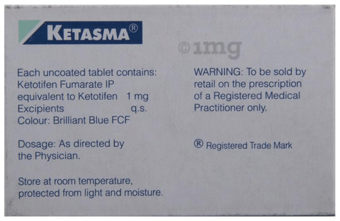 Ketotifen (1Mg) Ketasma 1 Mg Tablet at Rs 89.00/stripe in Nagpur