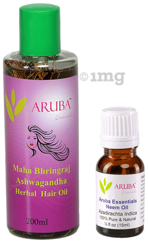 Aruba Essentials Combo Pack of Maha Bhringraj, Ashwagandha Herbal Hair Oil  200ml and Neem Oil 15ml: Buy combo pack of 2 bottles at best price in India  | 1mg