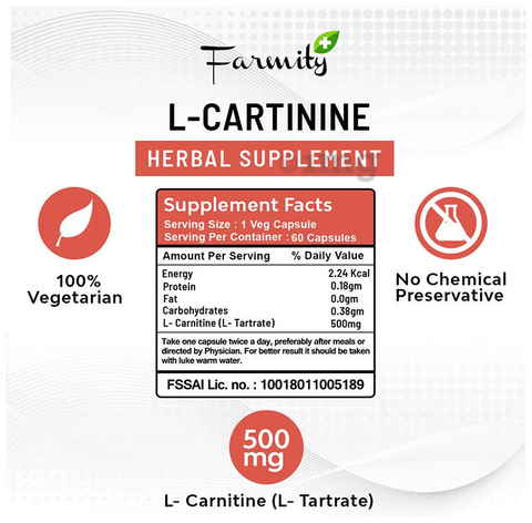 Farmity L- Carnitine 500mg Dietary Supplements Capsule: Buy bottle of 60.0  capsules at best price in India