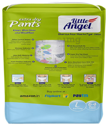 Little Angel Extra Dry Baby Pants Diaper, Extra Large (XL) Size, 64 Count,  Super Absorbent Core Up to 12 Hrs. Protection, Soft Elastic Waist Grip &  Wetness Indicator, Pack of 2, 32