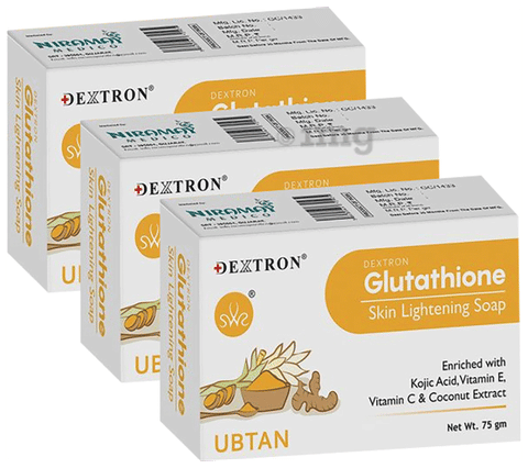 Dextron Glutathione Skin Lightening Soap (75gm Each) Ubtan: Buy combo pack of 3.0 Packs at best price in India | 1mg Dextron Glutathione Skin Lightening Soap (75gm Each) Ubtan: Buy combo pack of 3.0 Packs at best price in India | 1mg