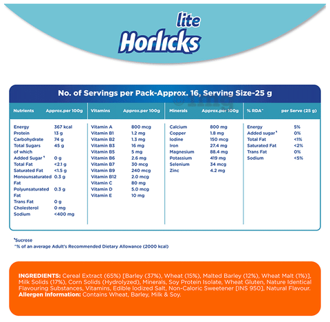 Horlicks Lite with Antioxidant Nutrients, Protein No Added Sugar