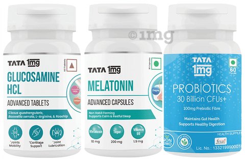 Combo Pack of Tata 1mg Glucosamine HCL 1500 mg Advanced Tablet  (60),Melatonin 10mg Advanced Capsule (30) & Probiotics 30 Billion CFUs+  Capsule (60): Buy combo pack of 3.0 bottles at best price in India