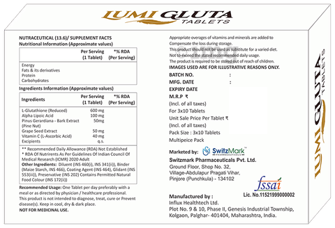 lumi glutathione ingredients SwitzMark Lumi Gluta Tablet for Adults: Buy box of 3.0 strips at best price  in India