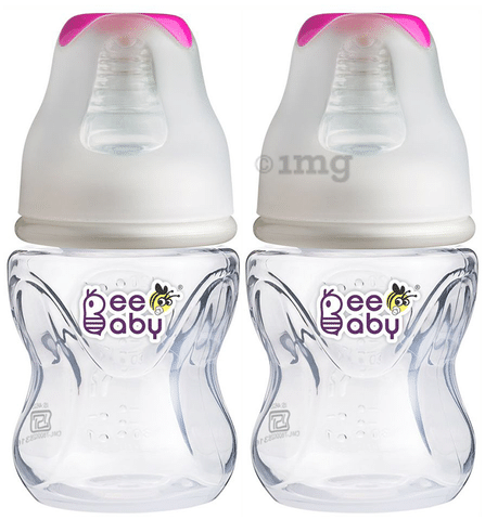 BeeBaby Comfort Slim Neck Baby Feeding Bottle with Slow Flow Anti Colic Silicone Nipple. Infants 4 Months 120ml Each Pink