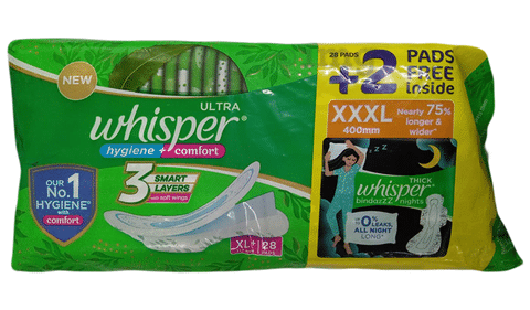 Buy Whisper Ultra Hygiene + Comfort Sanitary Pads (XL+) 28's (Free Bindazzz Sanitary  Pad - XXXL 2's) 1's Online at Best Price - Sanitary Napkins