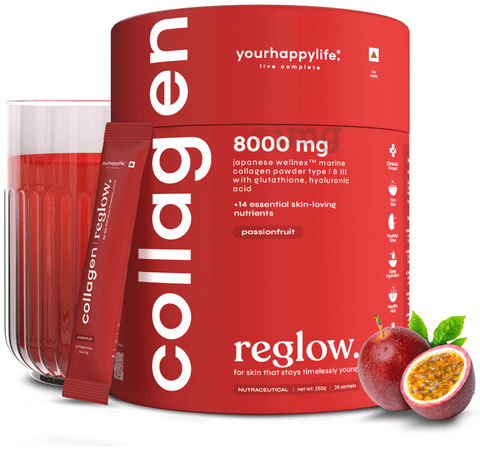 YourHappyLife Collagen Reglow 8000 mg Sachet for Adults (25 Each) Passion  Fruit: Buy box of 1.0 Jar at best price in India | 1mg