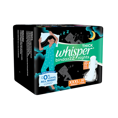 Whisper Bindazzz Night Sanitary Pads|15 thin Pads|XL+|upto 0% Leaks|40%  Longer & Wider back|Dry top sheet|Long lasting coverage|Faster  absorption|31.7