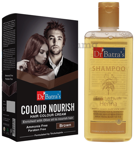 Dr Batra's Combo Pack of Shampoo 200ml and Colour Nourish Hair Colour Cream 120gm Brown: Buy combo pack of 2 Packs at best price in India | 1mg Dr Batra's Combo Pack of Shampoo 200ml and Colour Nourish Hair Colour Cream 120gm Brown: Buy combo pack of 2 Packs at best price in India | 1mg
