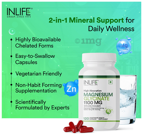 Inlife Magnesium Glycinate with Zinc Picolinate | Vegetarian Capsule for Muscle Strength & Performance: Buy bottle of 120.0 vegicaps at best price in India | 1mg Inlife Magnesium Glycinate with Zinc Picolinate | Vegetarian Capsule for Muscle Strength & Performance: Buy bottle of 120.0 vegicaps at best price in India | 1mg
