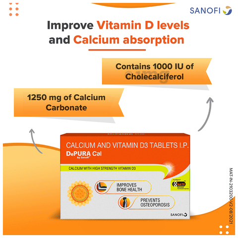 Depura Cal, Calcium and Vitamin D3 1000IU Tablet, Improves Bones Health, Prevents Osteoporosis image