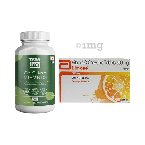 Combo Pack Of Tata 1mg Calcium Vitamin D3 Zinc Magnesium And Alfalfa Tablets For Joint Health Immunity 60 Limcee Chewable Tablet Orange 15 Buy Combo Pack Of 2 Packs